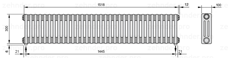 Схема (чертеж) Радиатор Zehnder Charleston 3030/33 №5310 Белый глянцевый RAL 9016